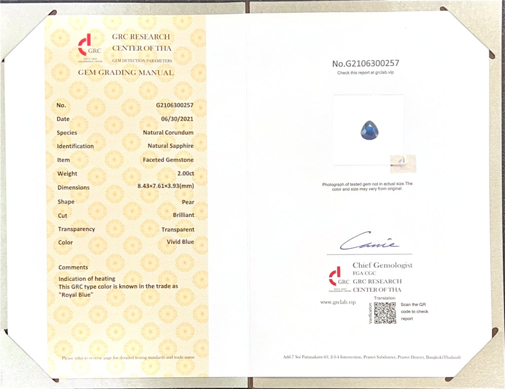 Pear Natural Sapphire Royal Blue 2.0 CT