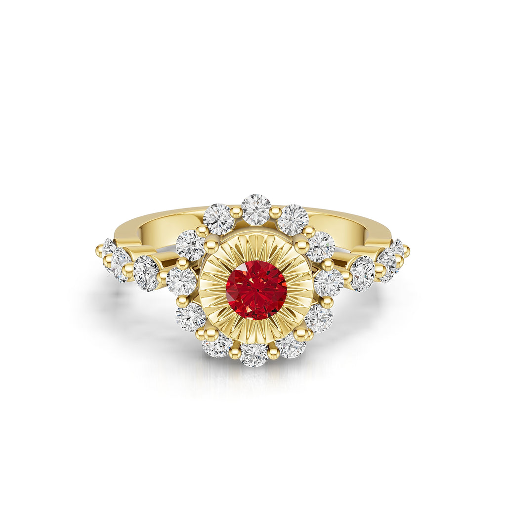"Solar Embrace" 18K Gold Ruby & Diamond Cluster Ring