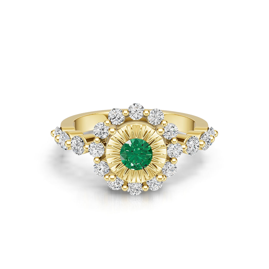 "Solar Embrace" 18K Gold Emerald & Diamond Cluster Ring
