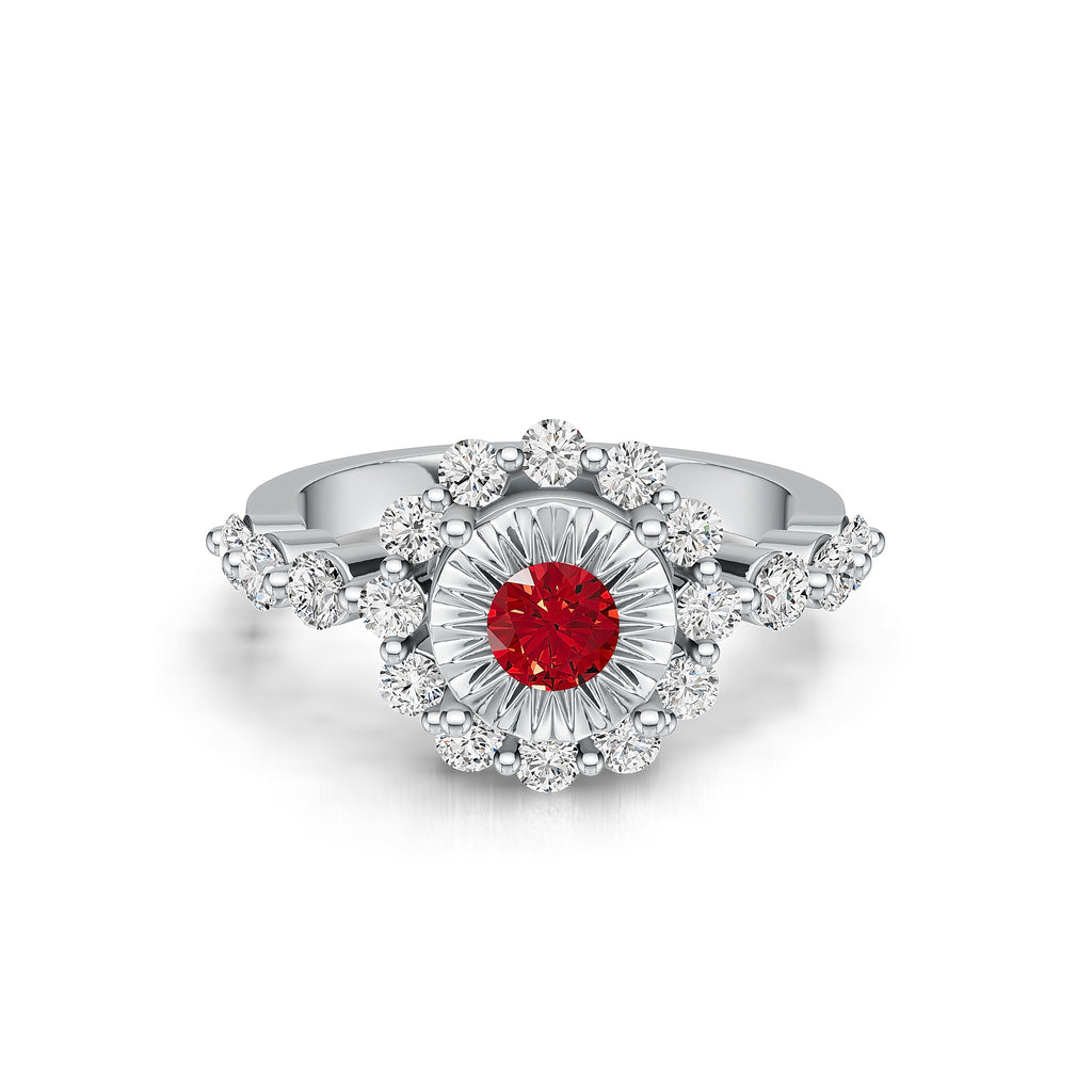 "Solar Embrace" 18K White Gold Ruby & Diamond Cluster Ring