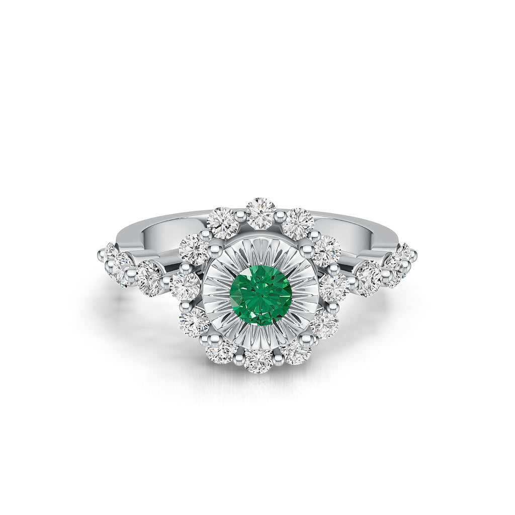 "Solar Embrace" 18K White Gold Emerald & Diamond Cluster Ring