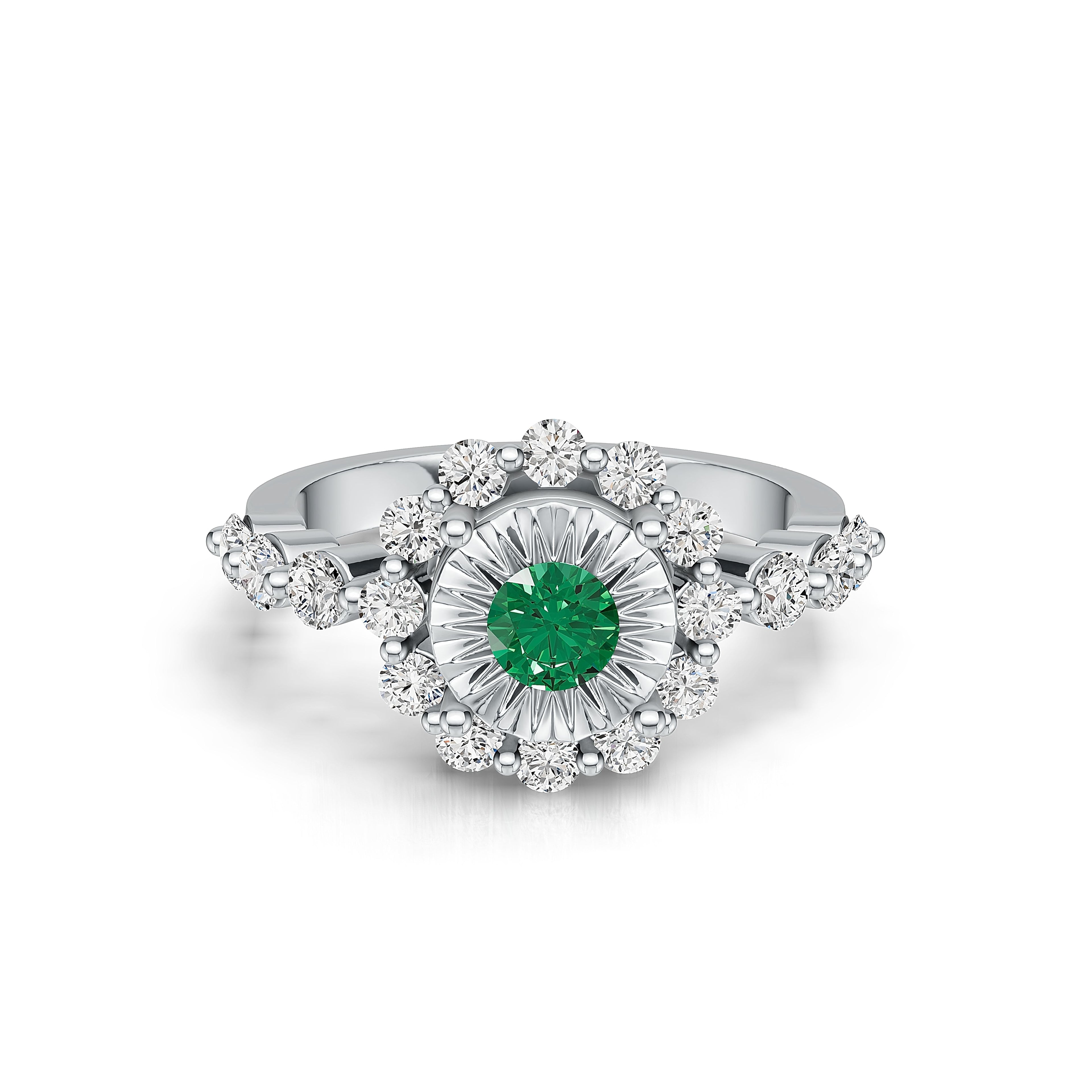 "Solar Embrace" 18K White Gold Emerald & Diamond Cluster Ring