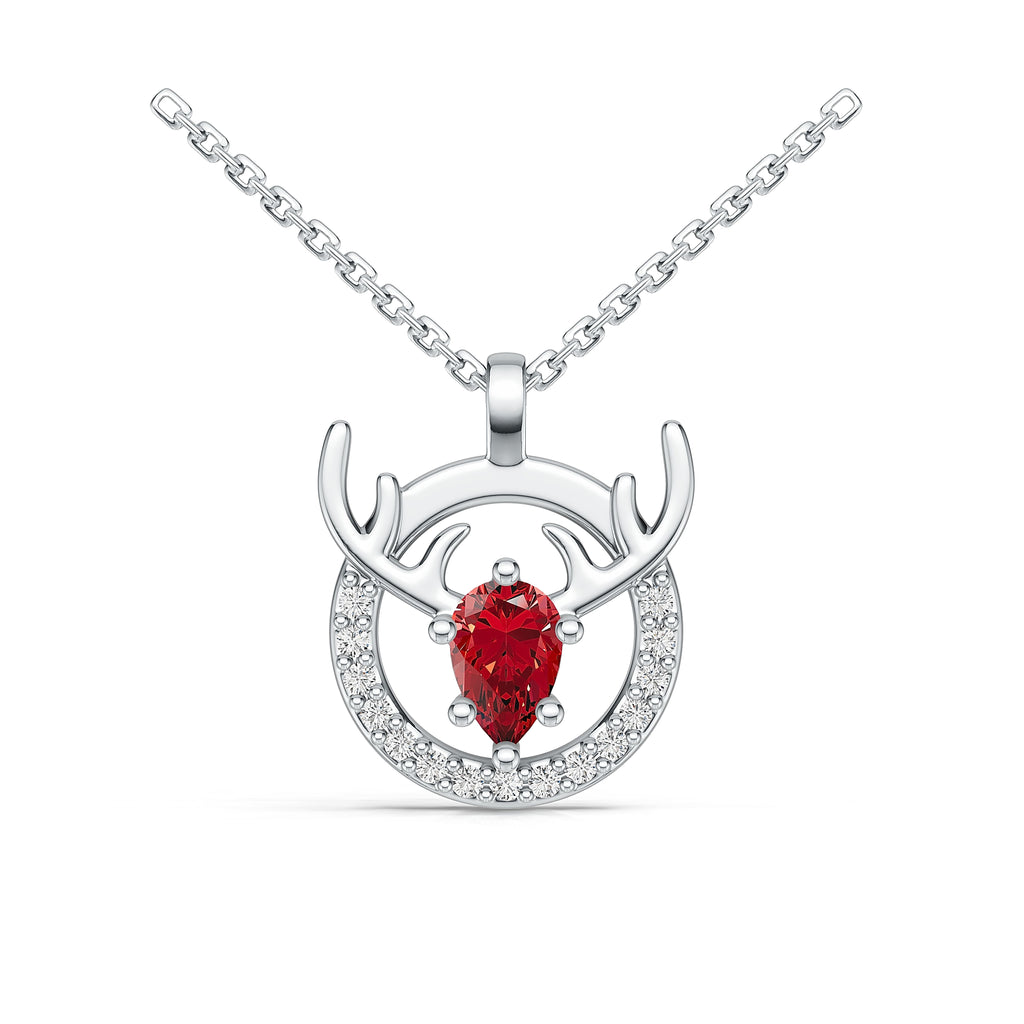 18K White Gold Pear Ruby Diamond Pendant Necklace