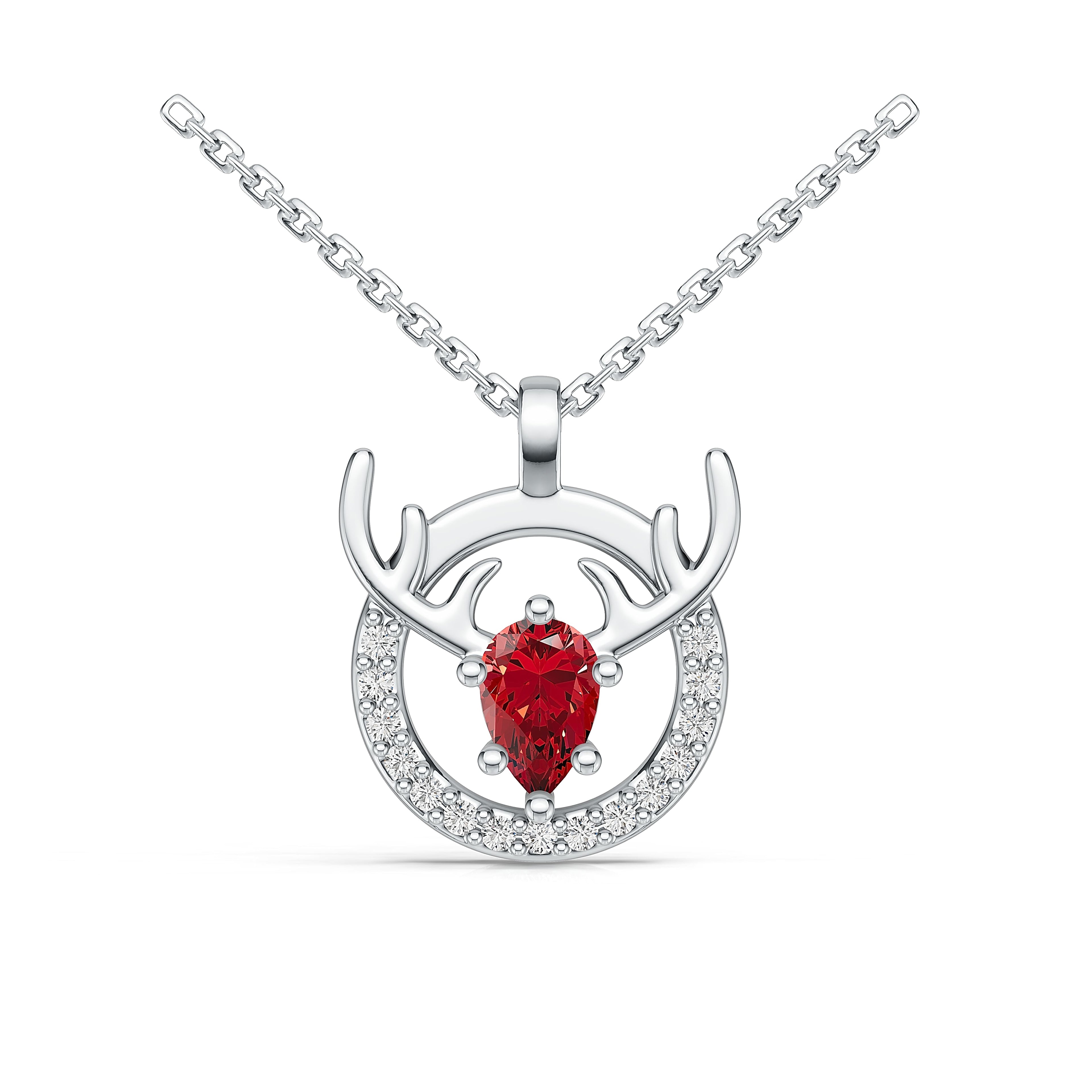 18K White Gold Pear Ruby Diamond Pendant Necklace