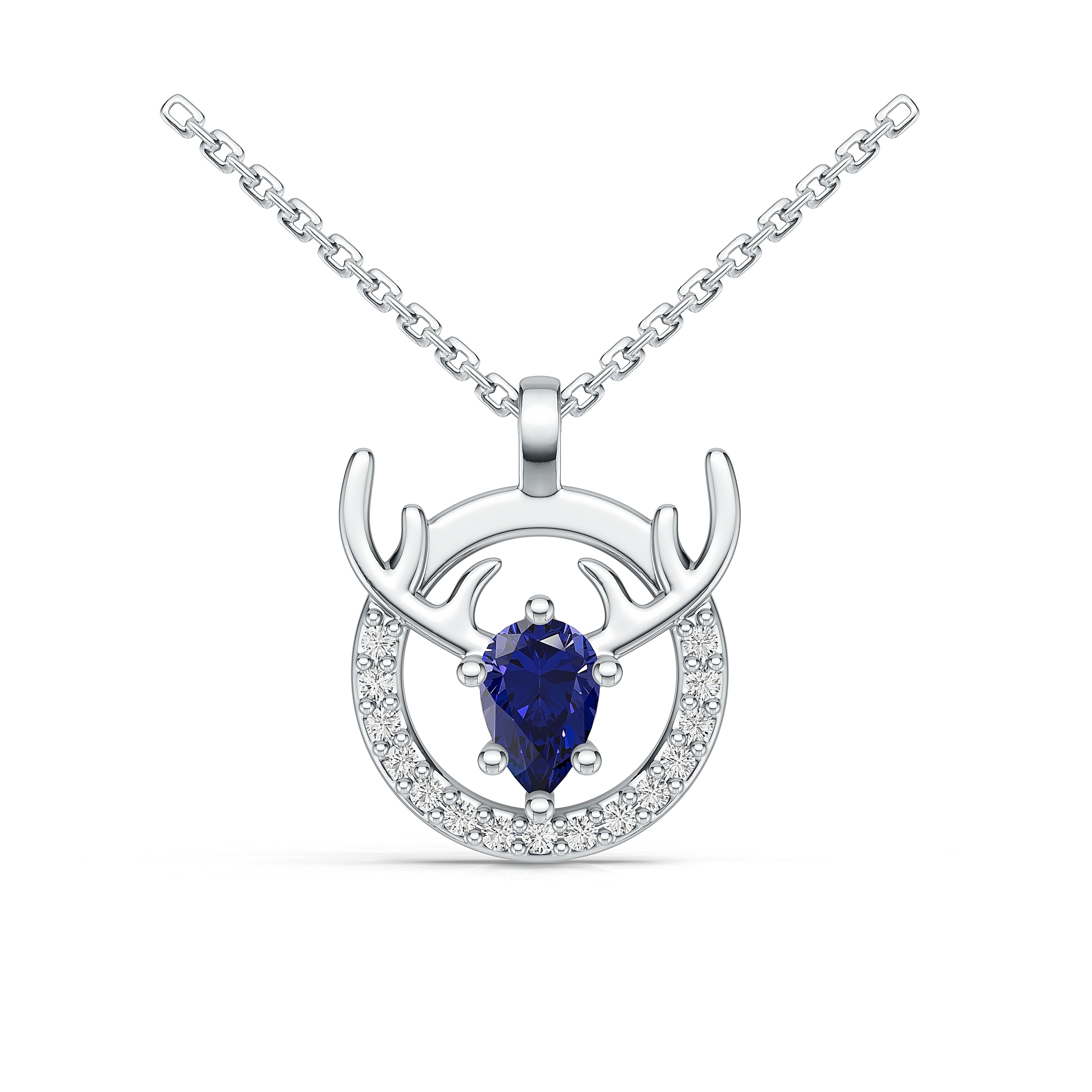 "Eternal Stag" 18K White Gold Sapphire & Diamond Pendant Necklace