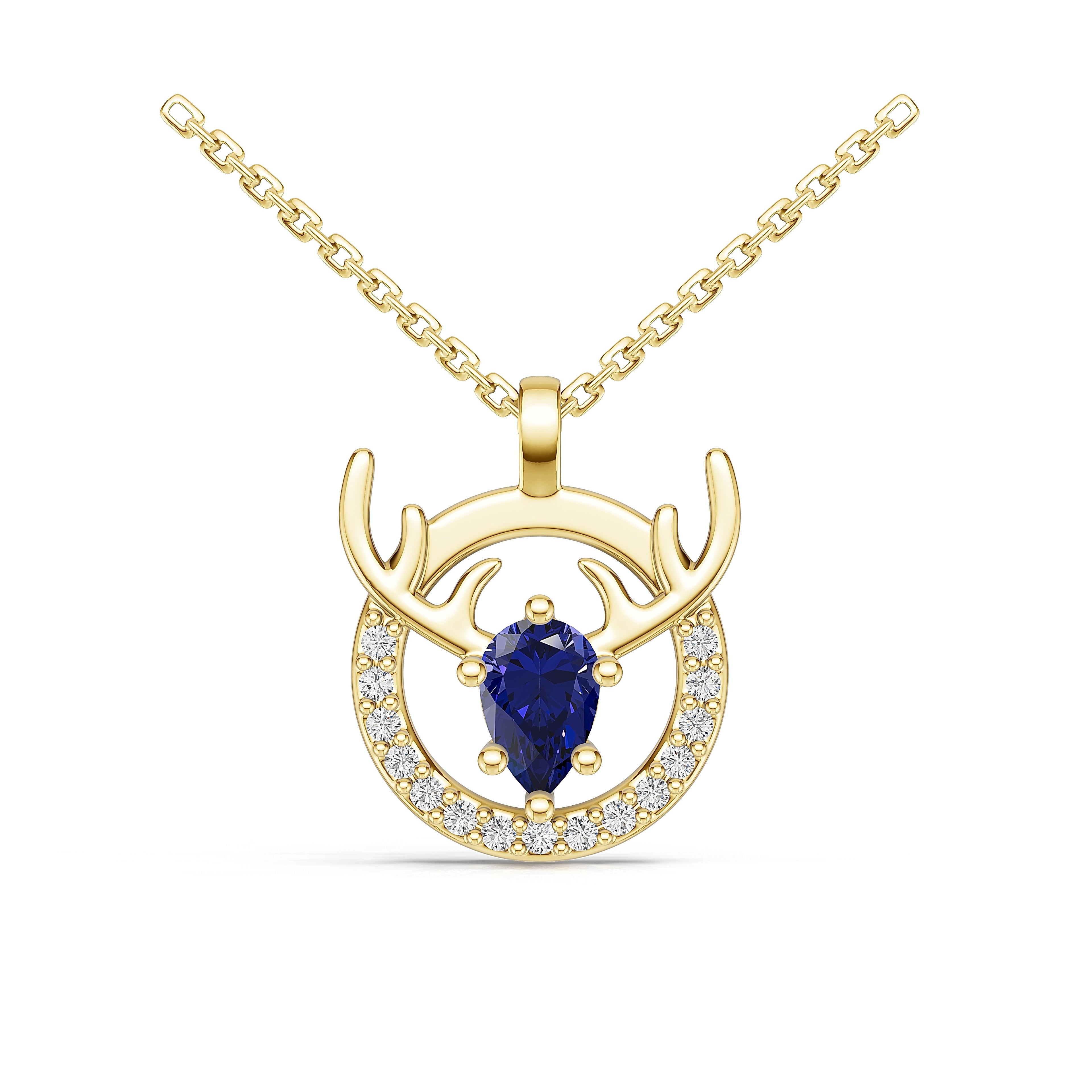 "Eternal Stag" 18K Gold Sappire & Diamond Pendant Necklace