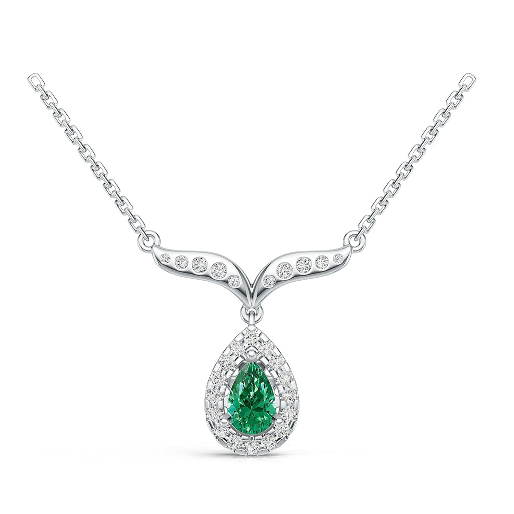 18K White Gold Natural Emerald Diamond Pendant Necklace