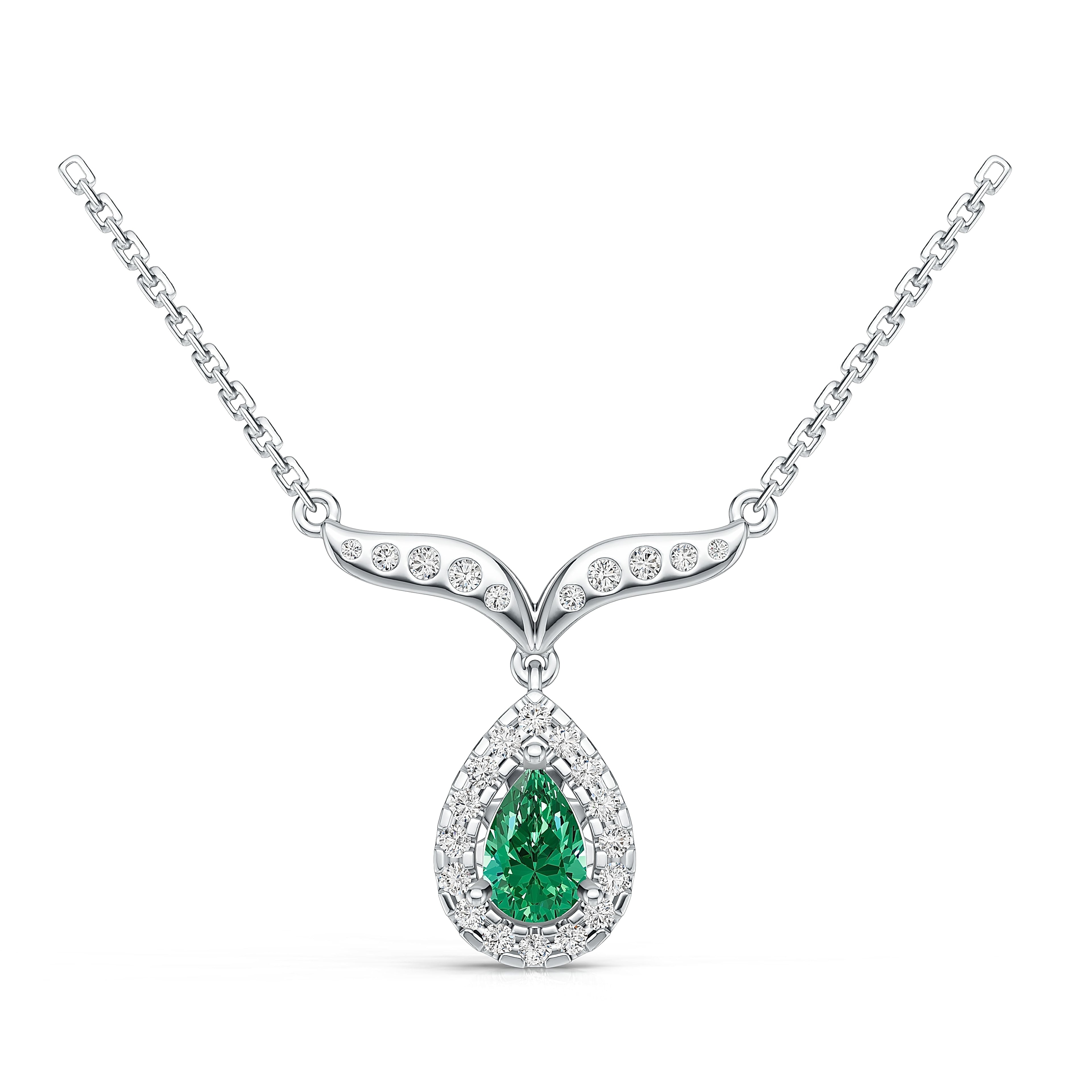 18K White Gold Natural Emerald Diamond Pendant Necklace