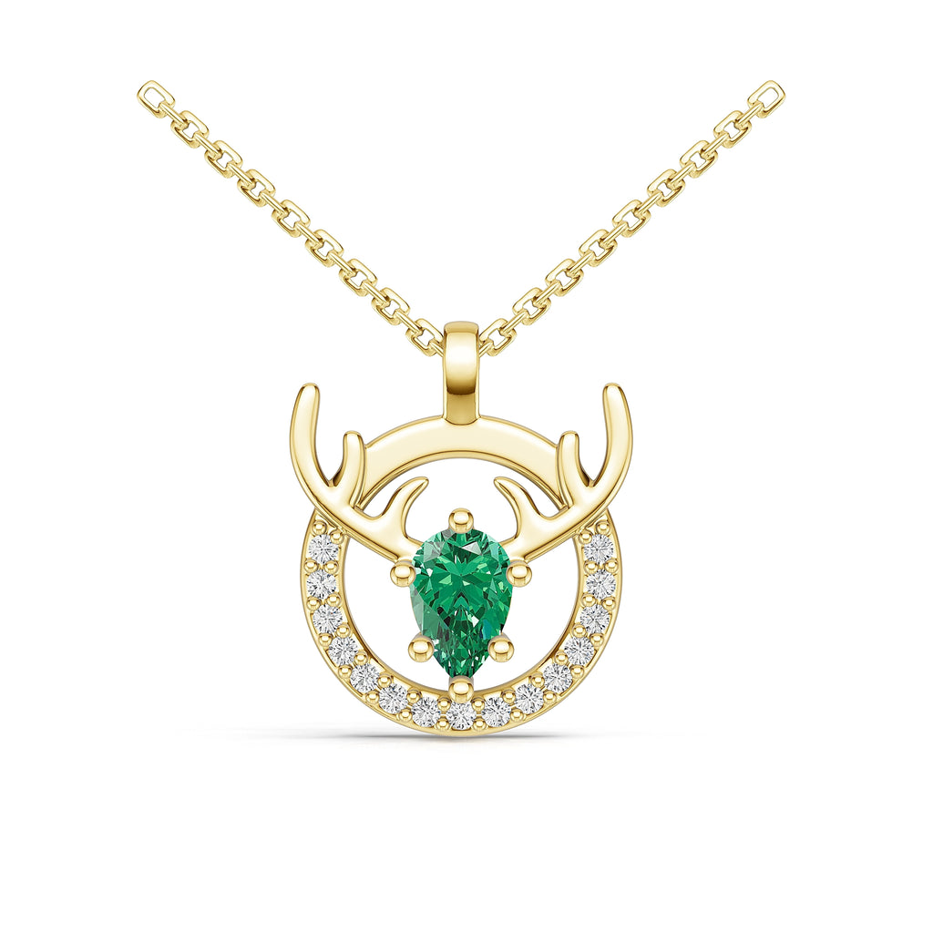 "Eternal Stag" 18K Gold Emerald & Diamond Pendant Necklace