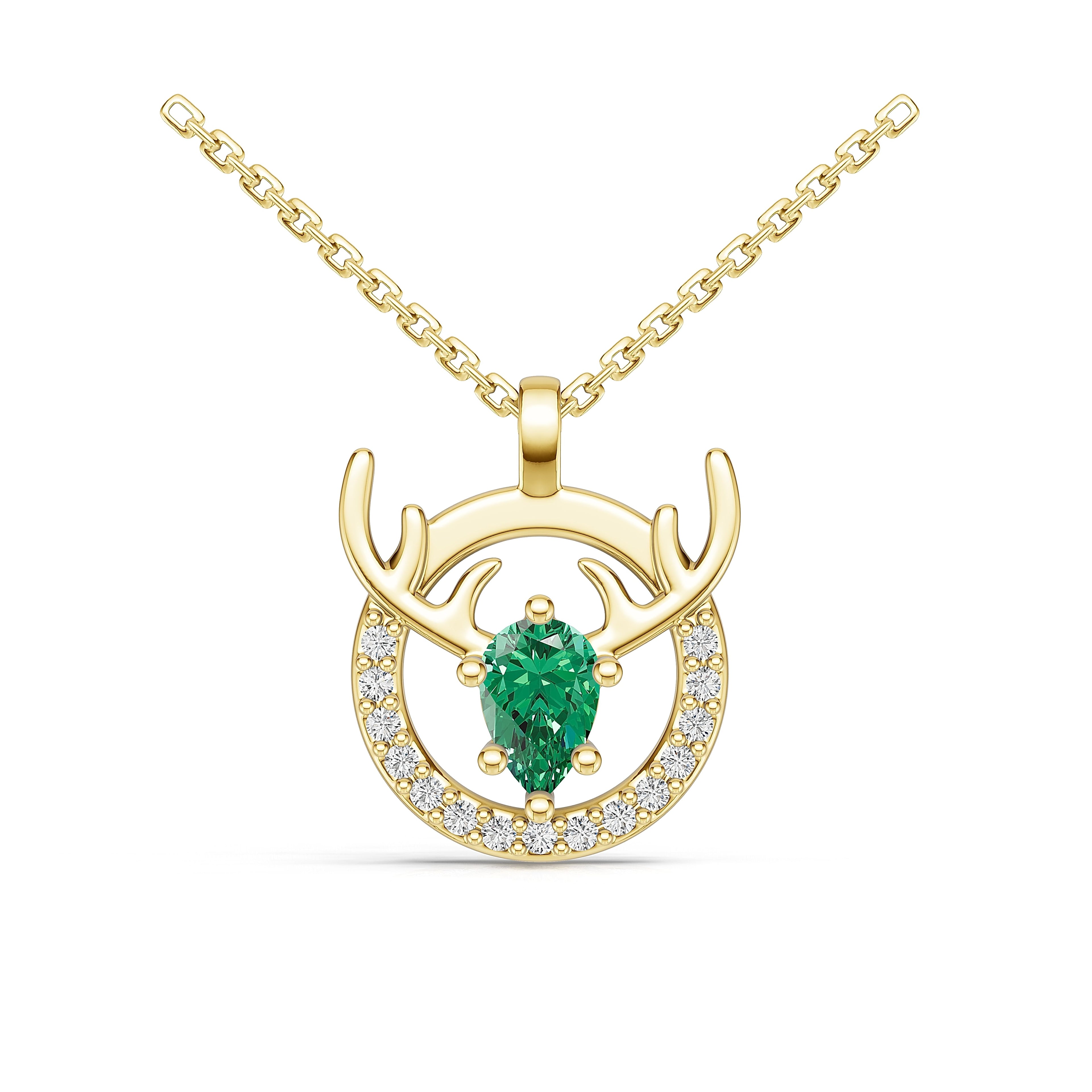 "Eternal Stag" 18K Gold Emerald & Diamond Pendant Necklace