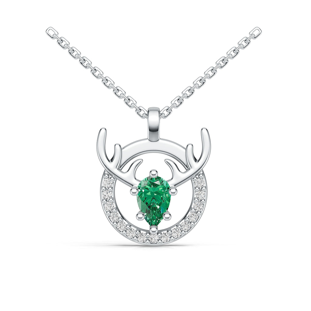 "Eternal Stag" 18K White Gold Emerald & Diamond Pendant Necklace