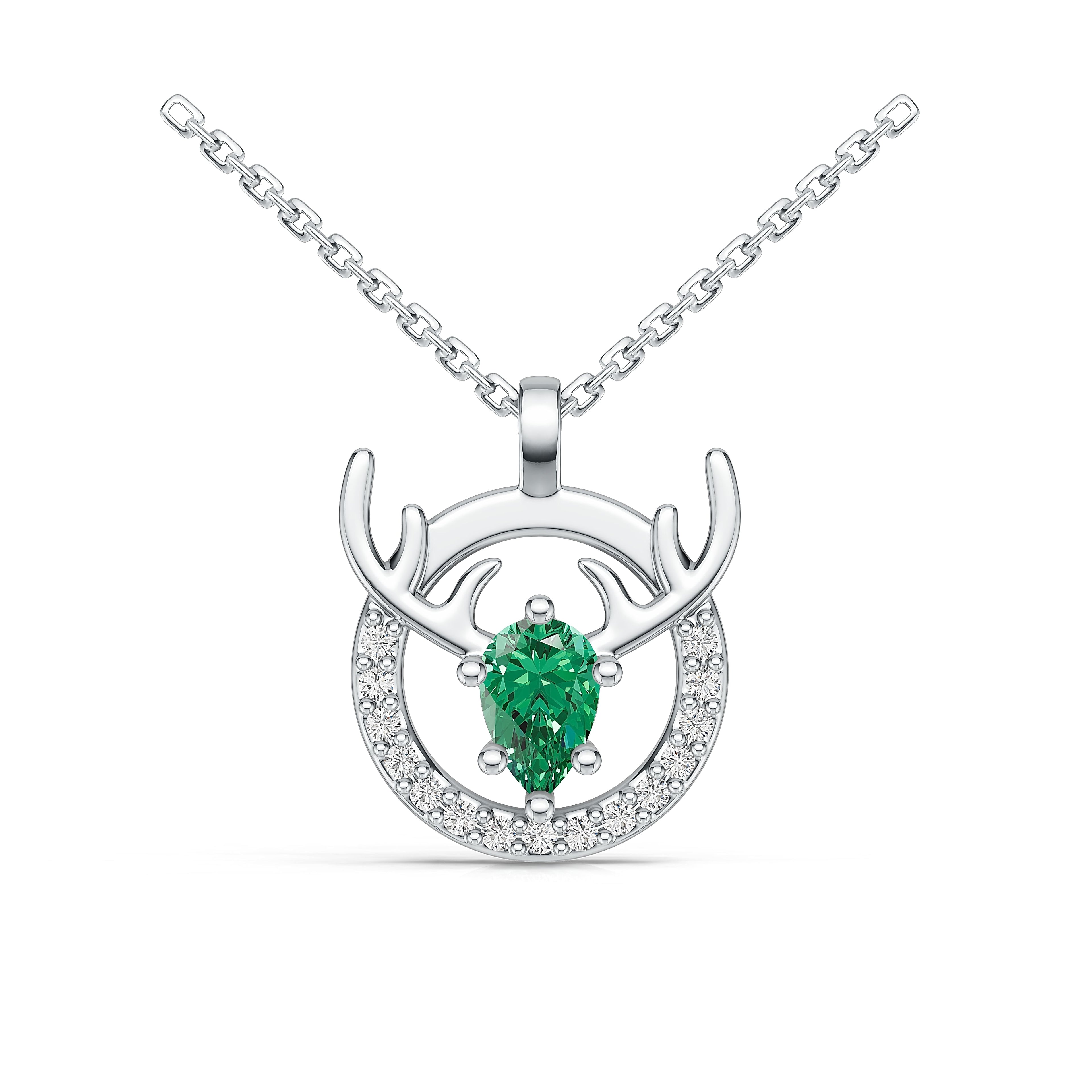 "Eternal Stag" 18K White Gold Emerald & Diamond Pendant Necklace