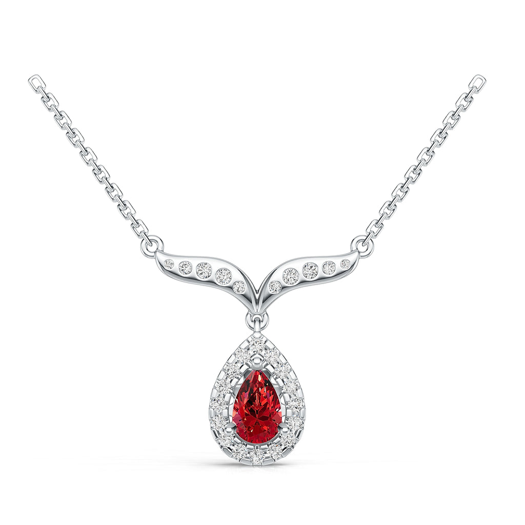 18K White Gold Natural Ruby Diamond Pendant Necklace