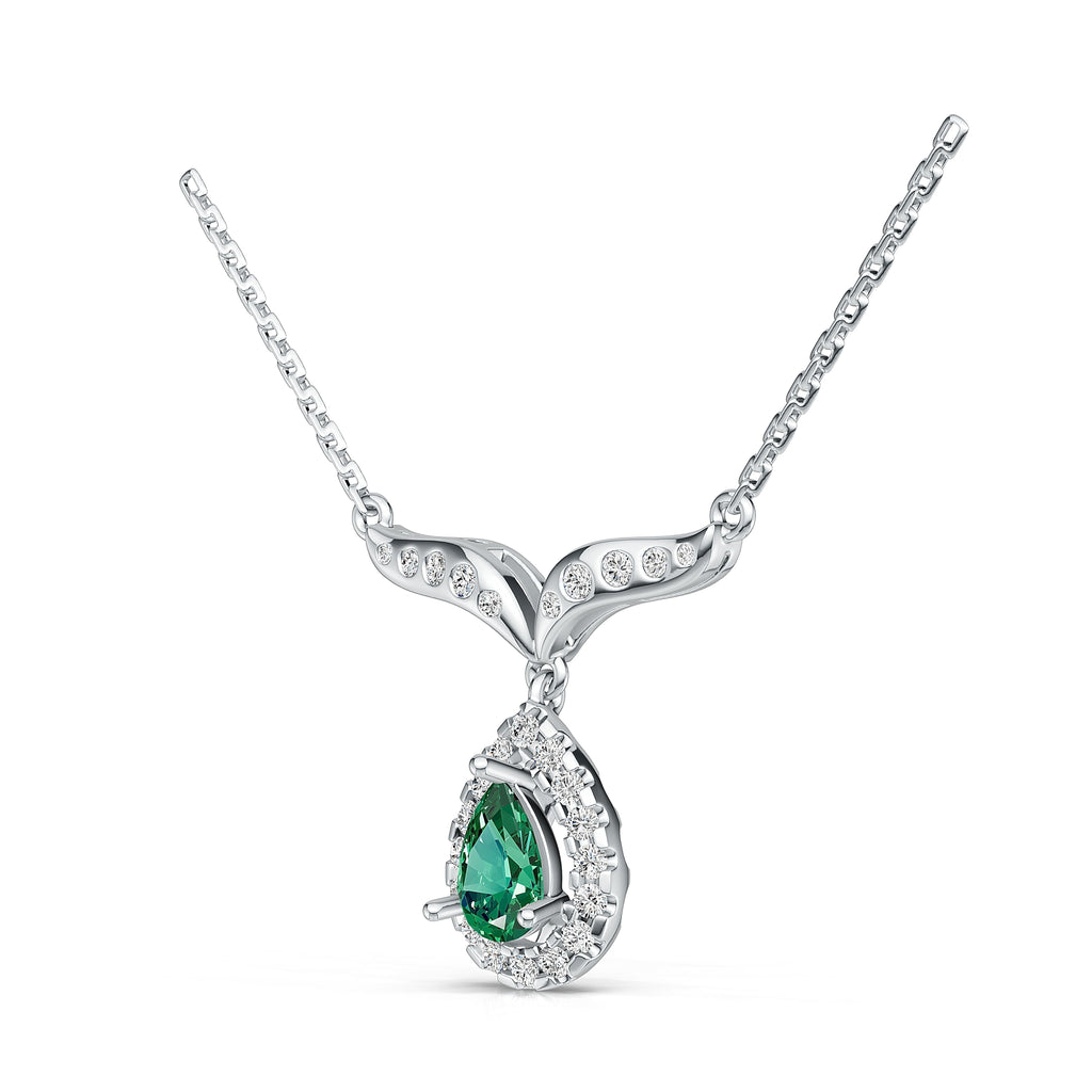 18K White Gold Natural Emerald Diamond Pendant Necklace