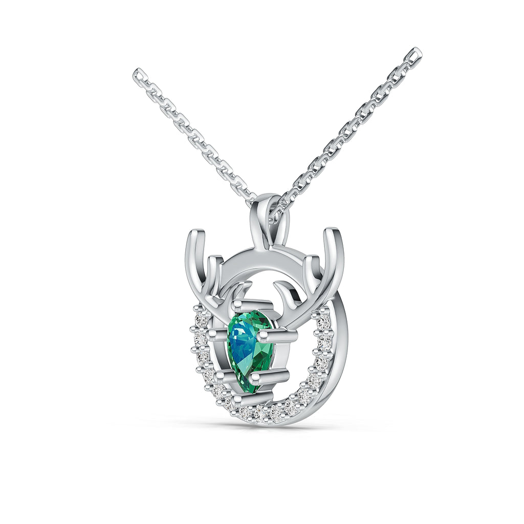 "Eternal Stag" 18K White Gold Emerald & Diamond Pendant Necklace