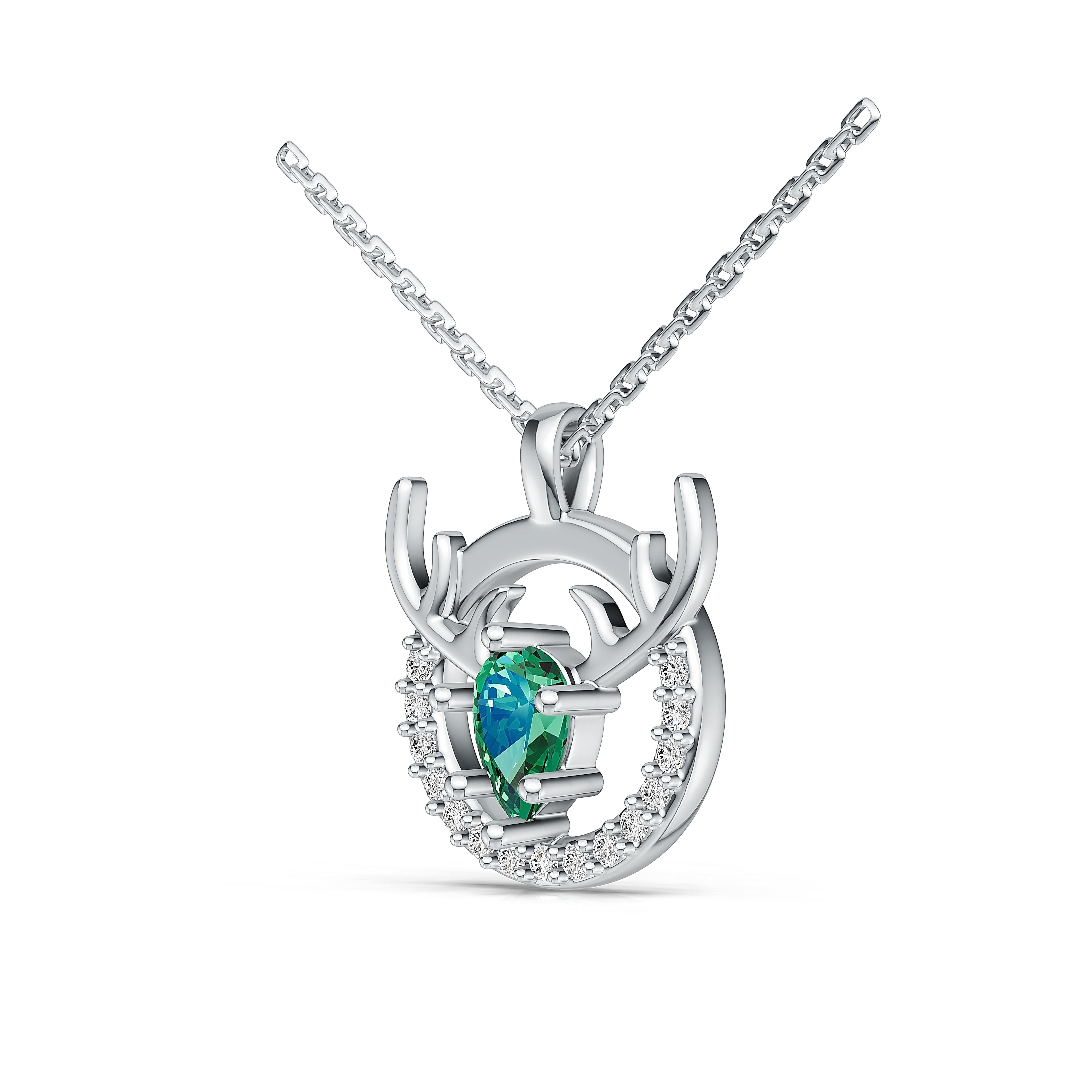 "Eternal Stag" 18K White Gold Emerald & Diamond Pendant Necklace