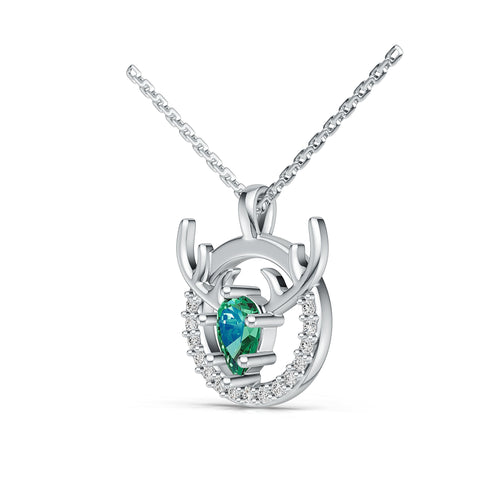 "Eternal Stag" 18K White Gold Emerald & Diamond Pendant Necklace