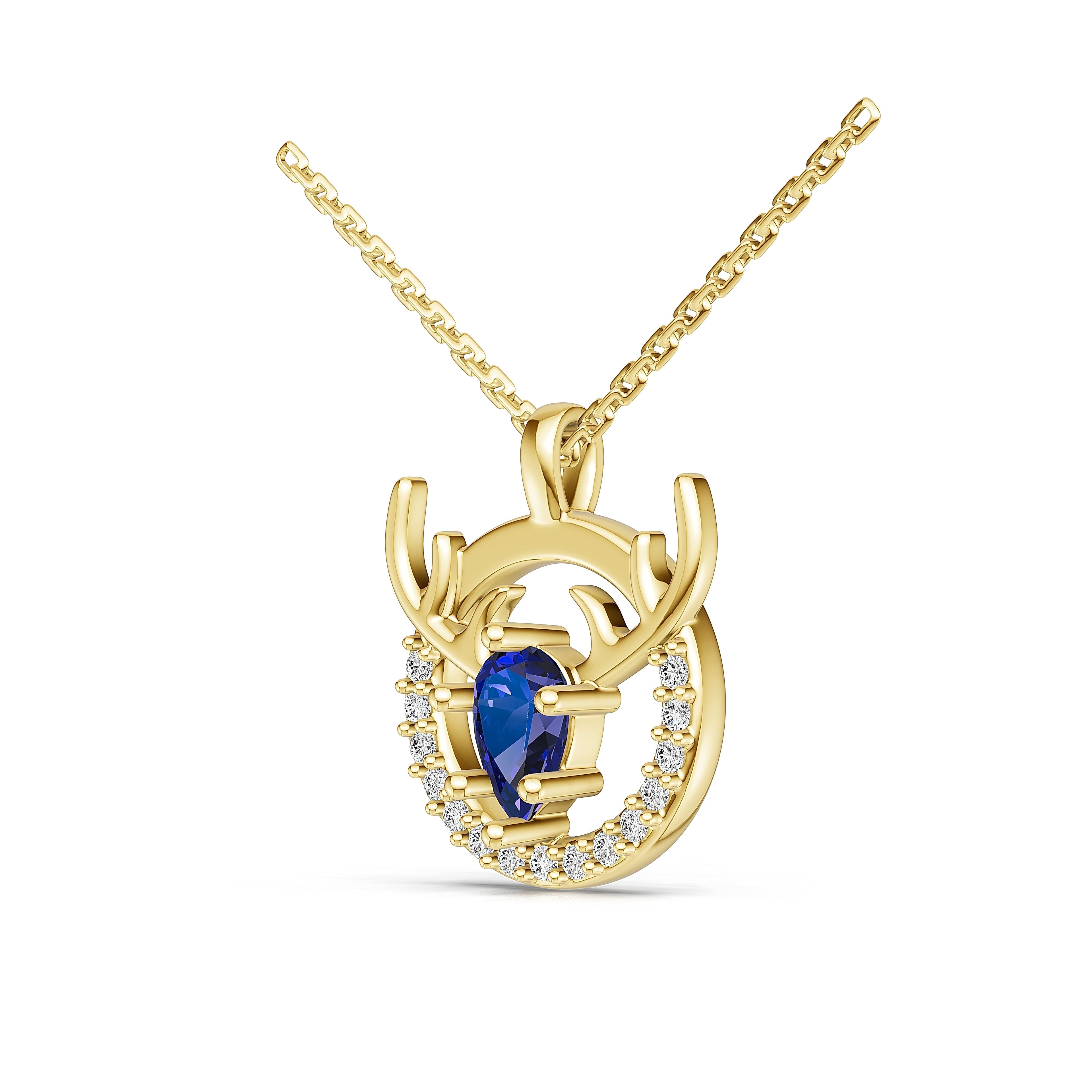 "Eternal Stag" 18K Gold Sappire & Diamond Pendant Necklace