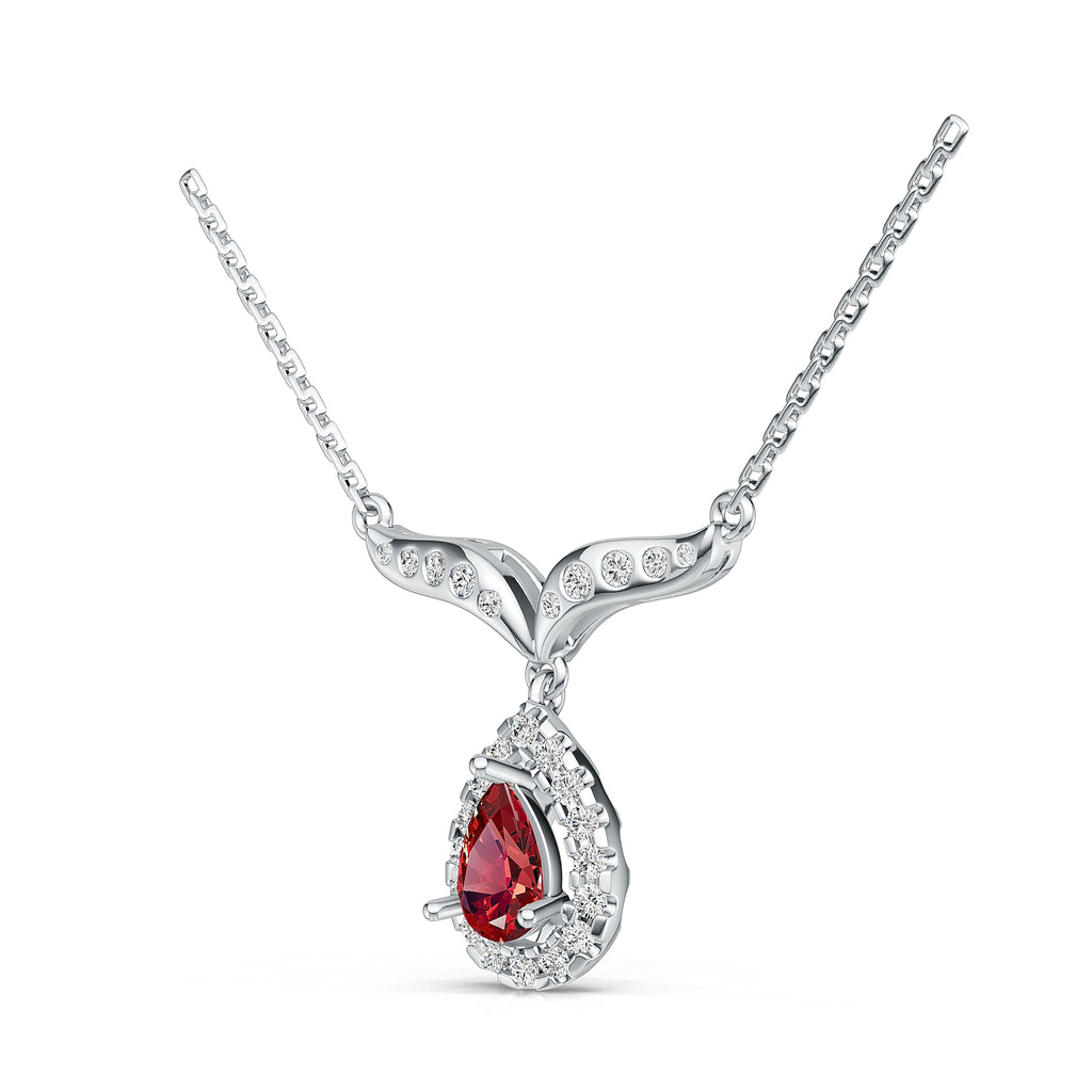 18K White Gold Natural Ruby Diamond Pendant Necklace
