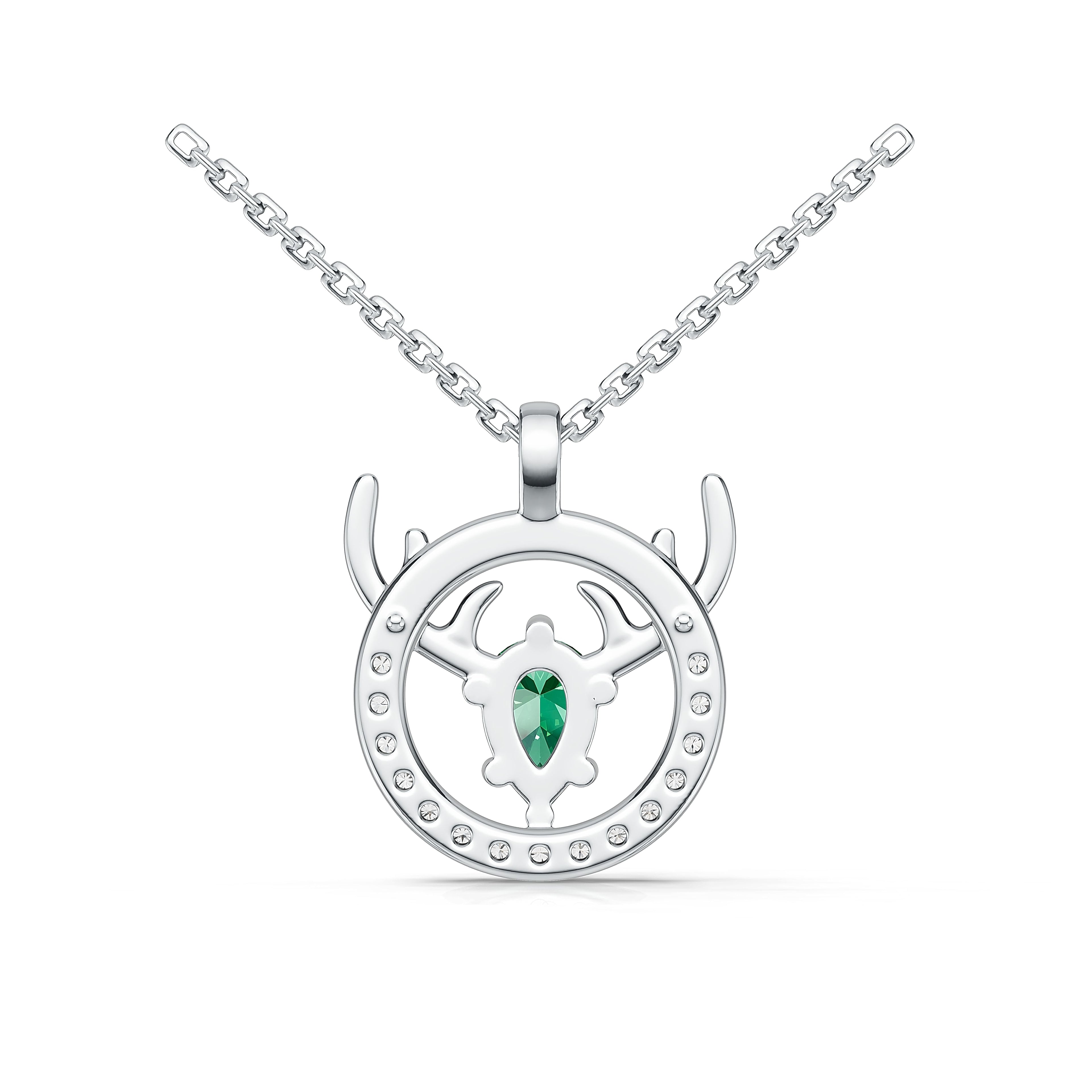 "Eternal Stag" 18K White Gold Emerald & Diamond Pendant Necklace