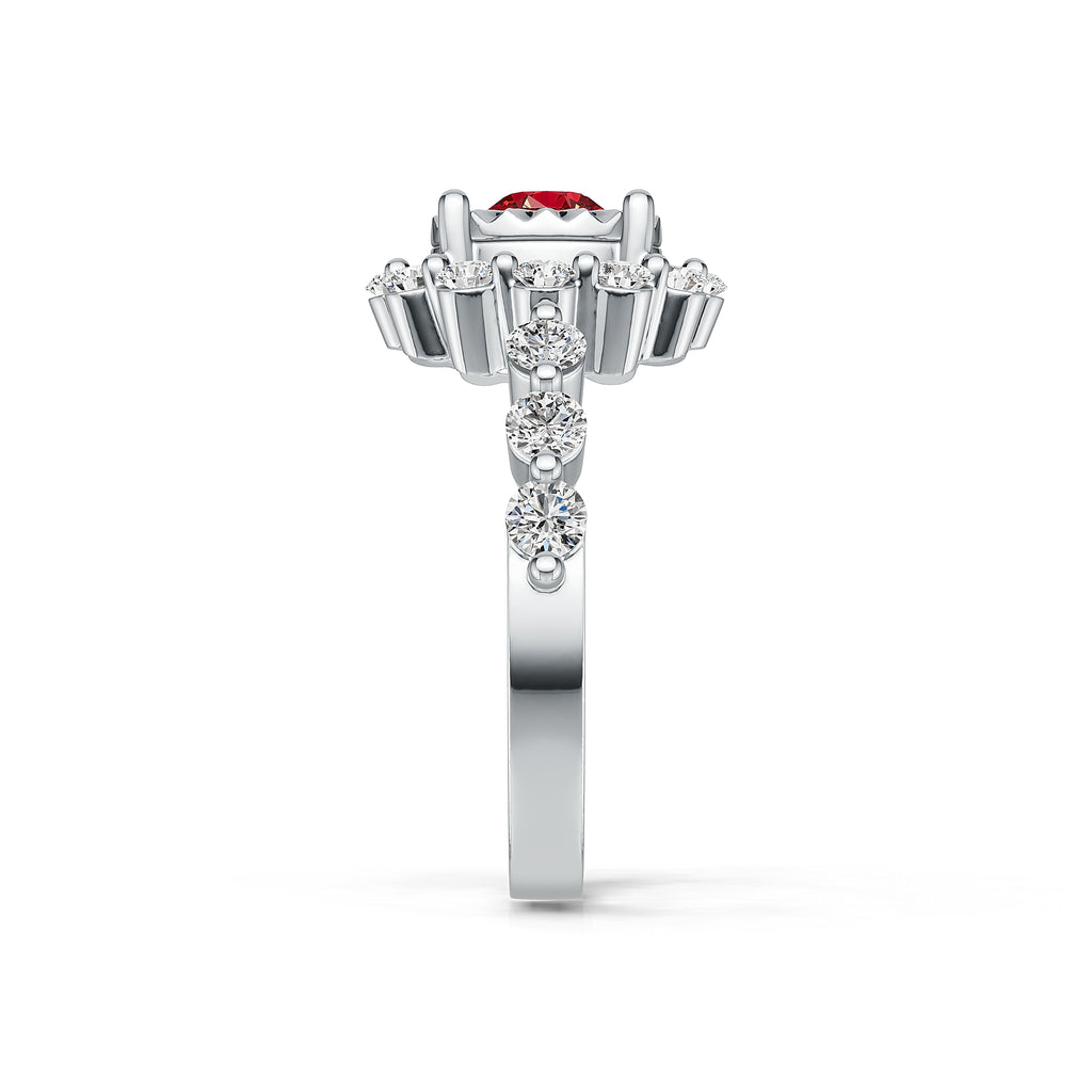 "Solar Embrace" 18K White Gold Ruby & Diamond Cluster Ring