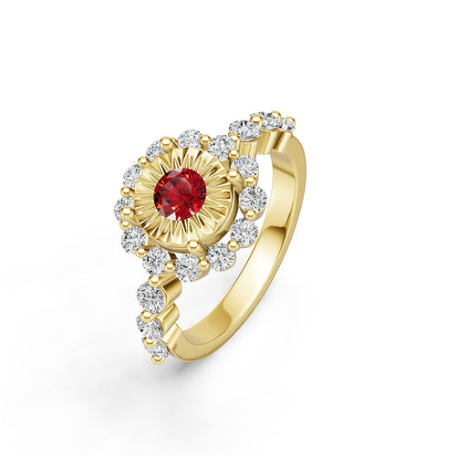 "Solar Embrace" 18K Gold Ruby & Diamond Cluster Ring