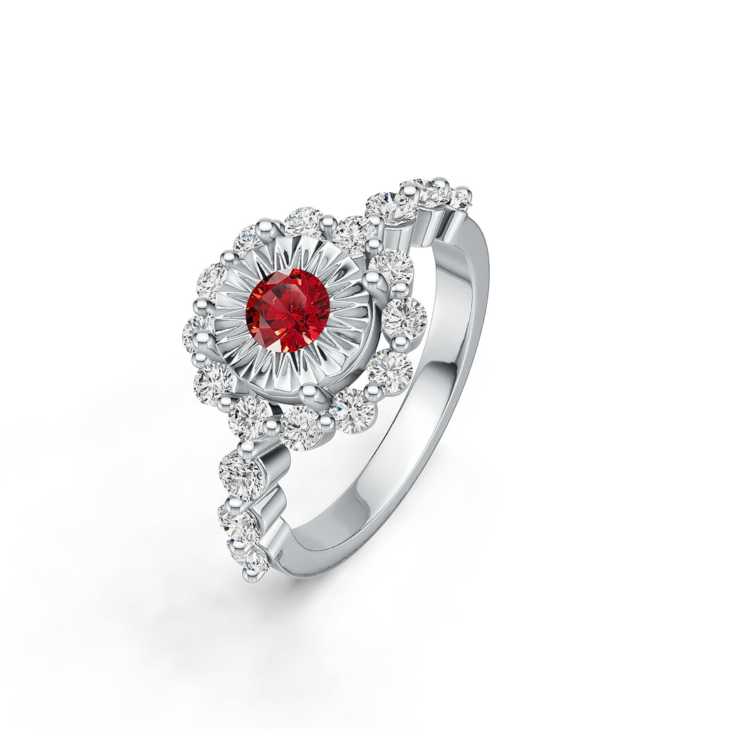 "Solar Embrace" 18K White Gold Ruby & Diamond Cluster Ring