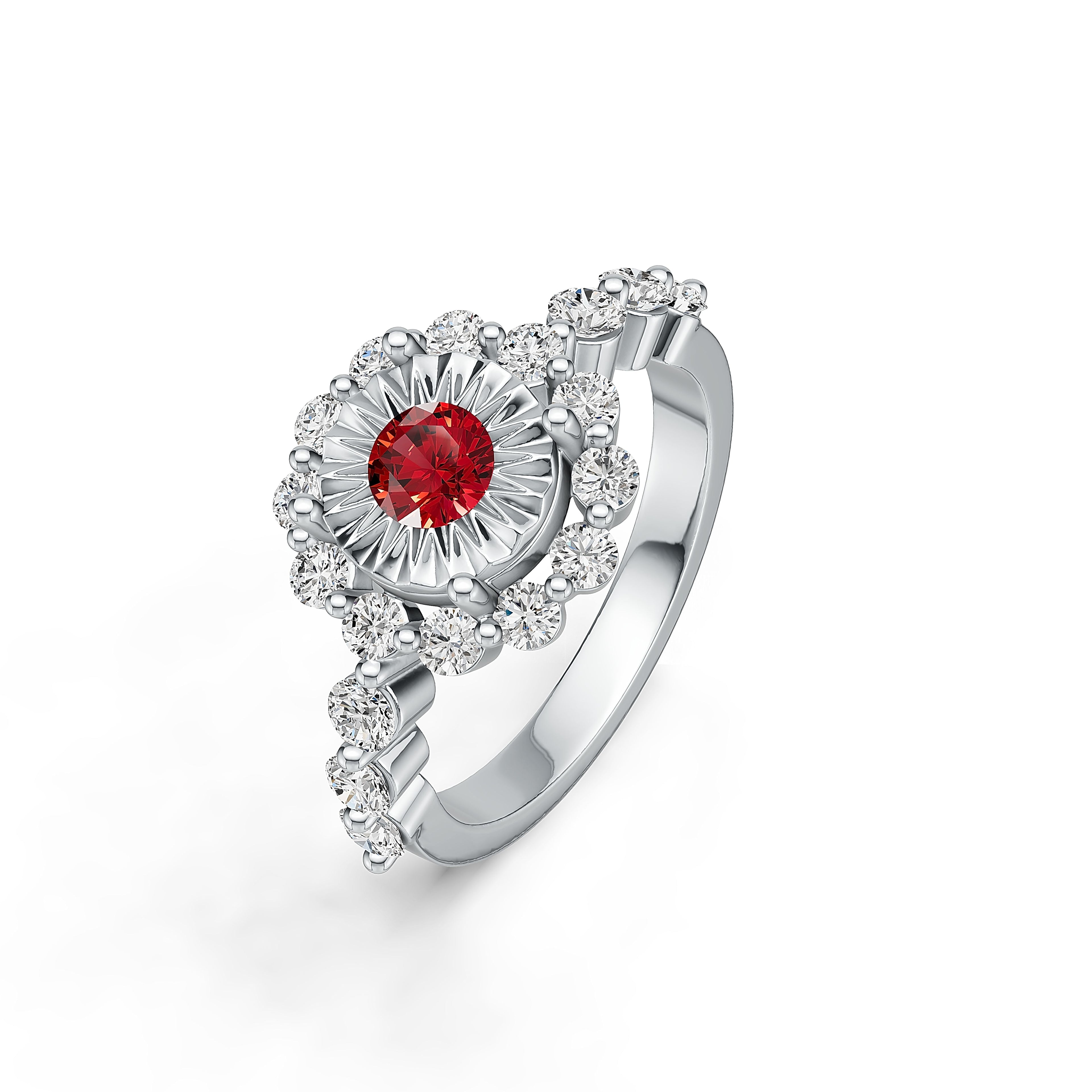 "Solar Embrace" 18K White Gold Ruby & Diamond Cluster Ring