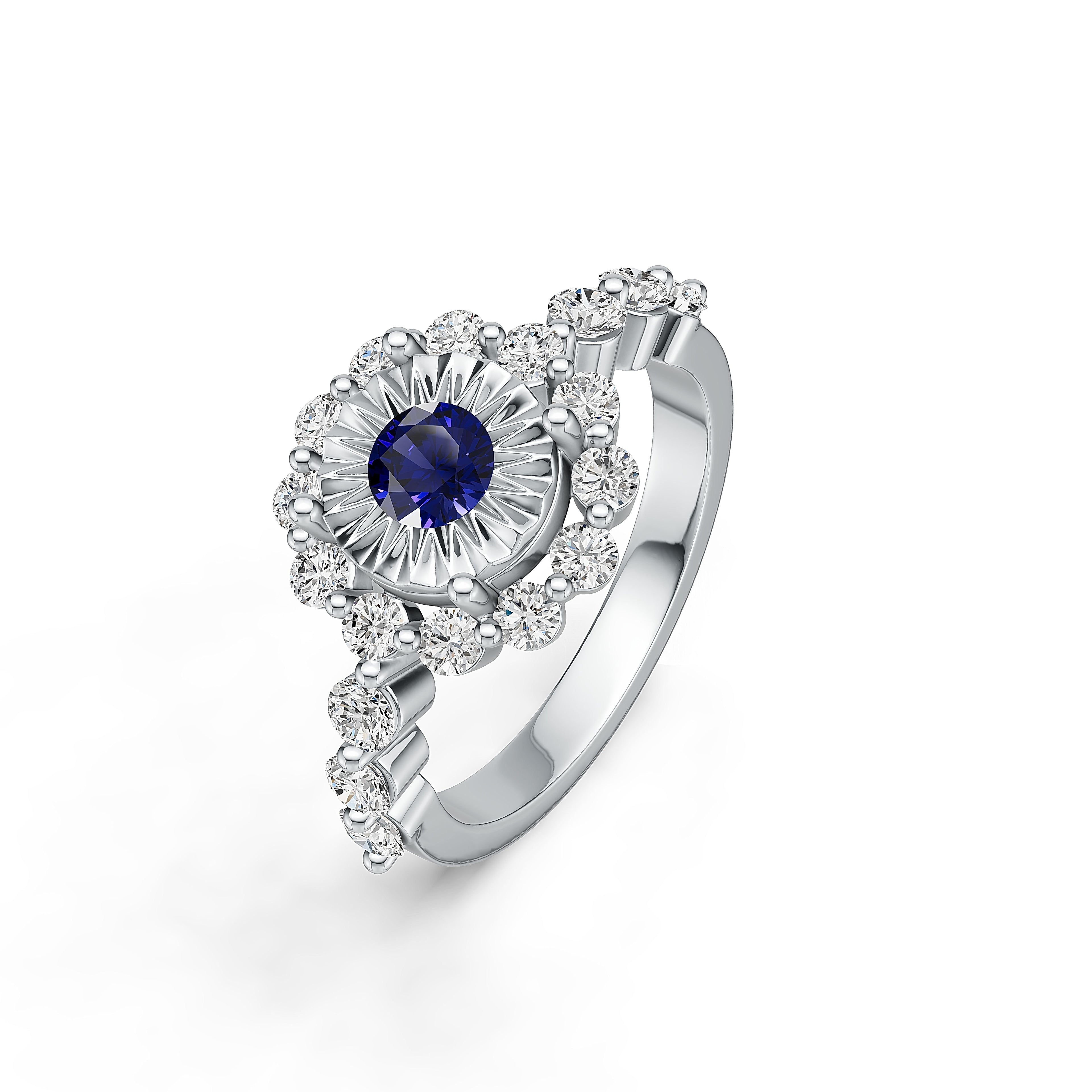 "Solar Embrace" 18K White Gold Sapphire & Diamond Cluster Ring