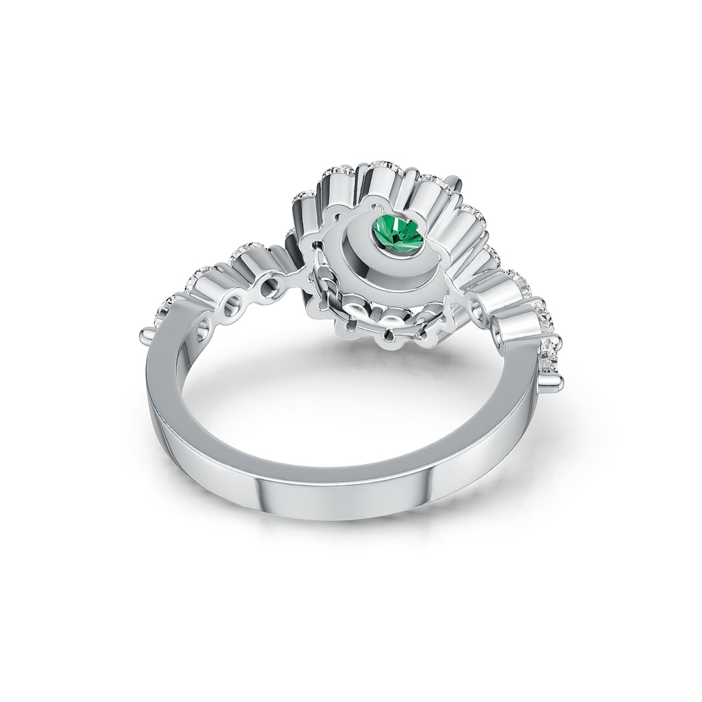 "Solar Embrace" 18K White Gold Emerald & Diamond Cluster Ring