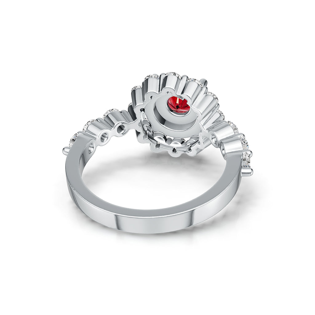 "Solar Embrace" 18K White Gold Ruby & Diamond Cluster Ring