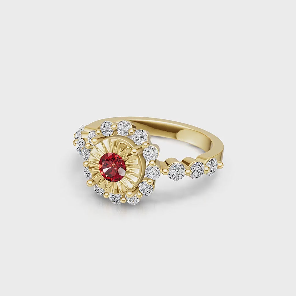 "Solar Embrace" 18K Gold Ruby & Diamond Cluster Ring