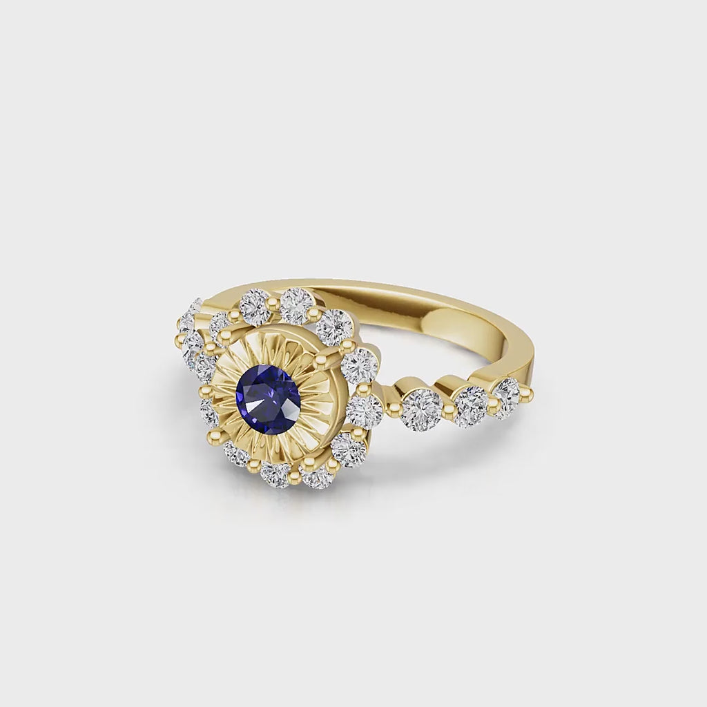 "Solar Embrace" 18K Gold Sapphire & Diamond Cluster Ring