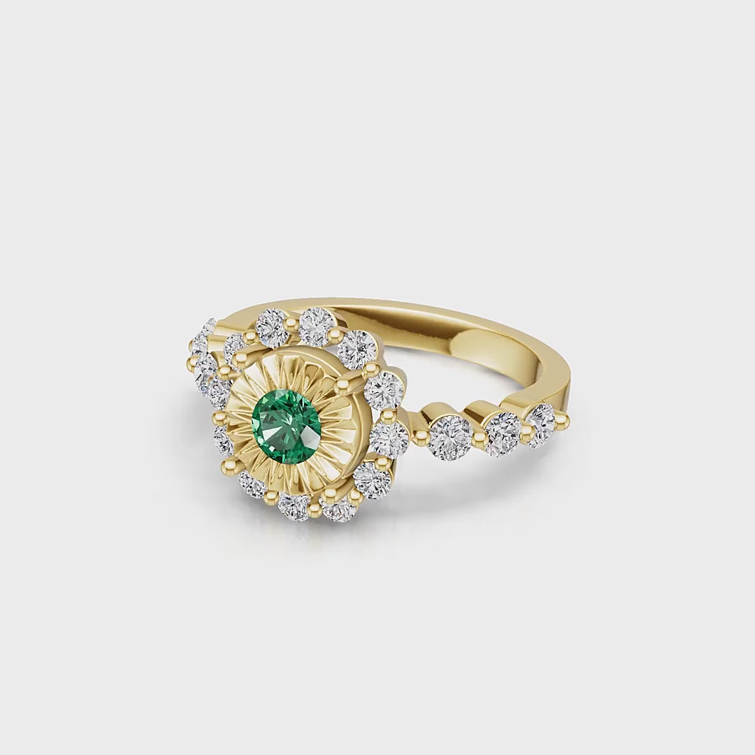 "Solar Embrace" 18K Gold Emerald & Diamond Cluster Ring