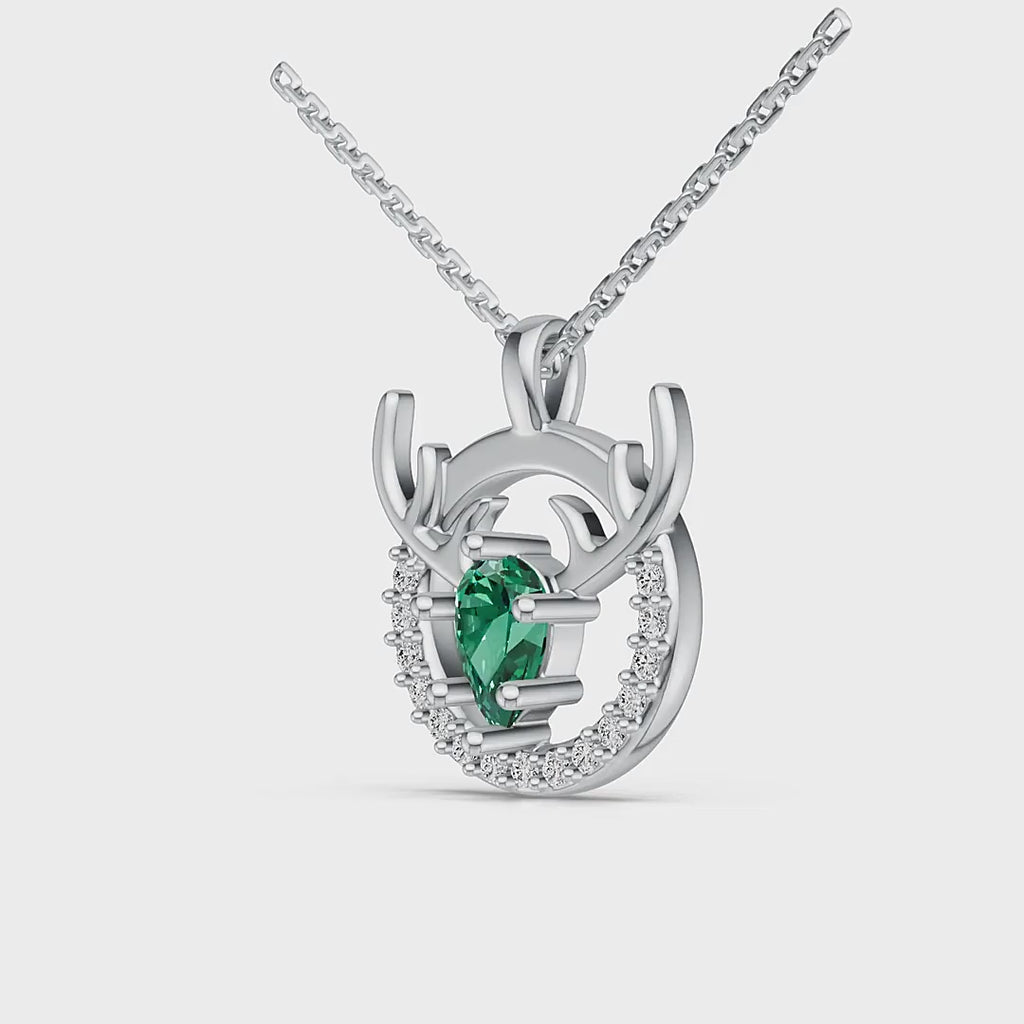 "Eternal Stag" 18K White Gold Emerald & Diamond Pendant Necklace