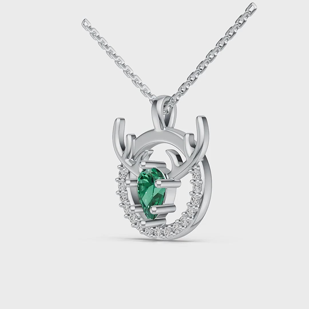 "Eternal Stag" 18K White Gold Emerald & Diamond Pendant Necklace