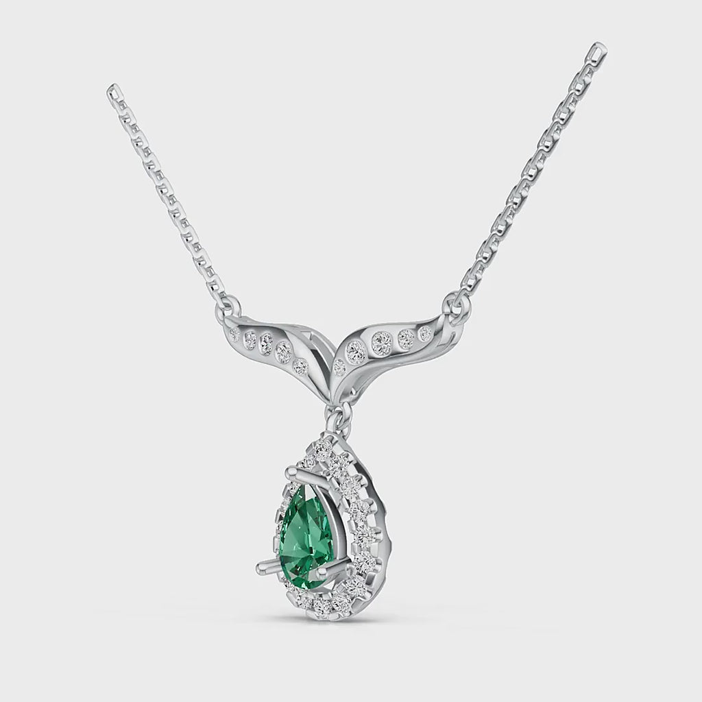 18K White Gold Natural Emerald Diamond Pendant Necklace