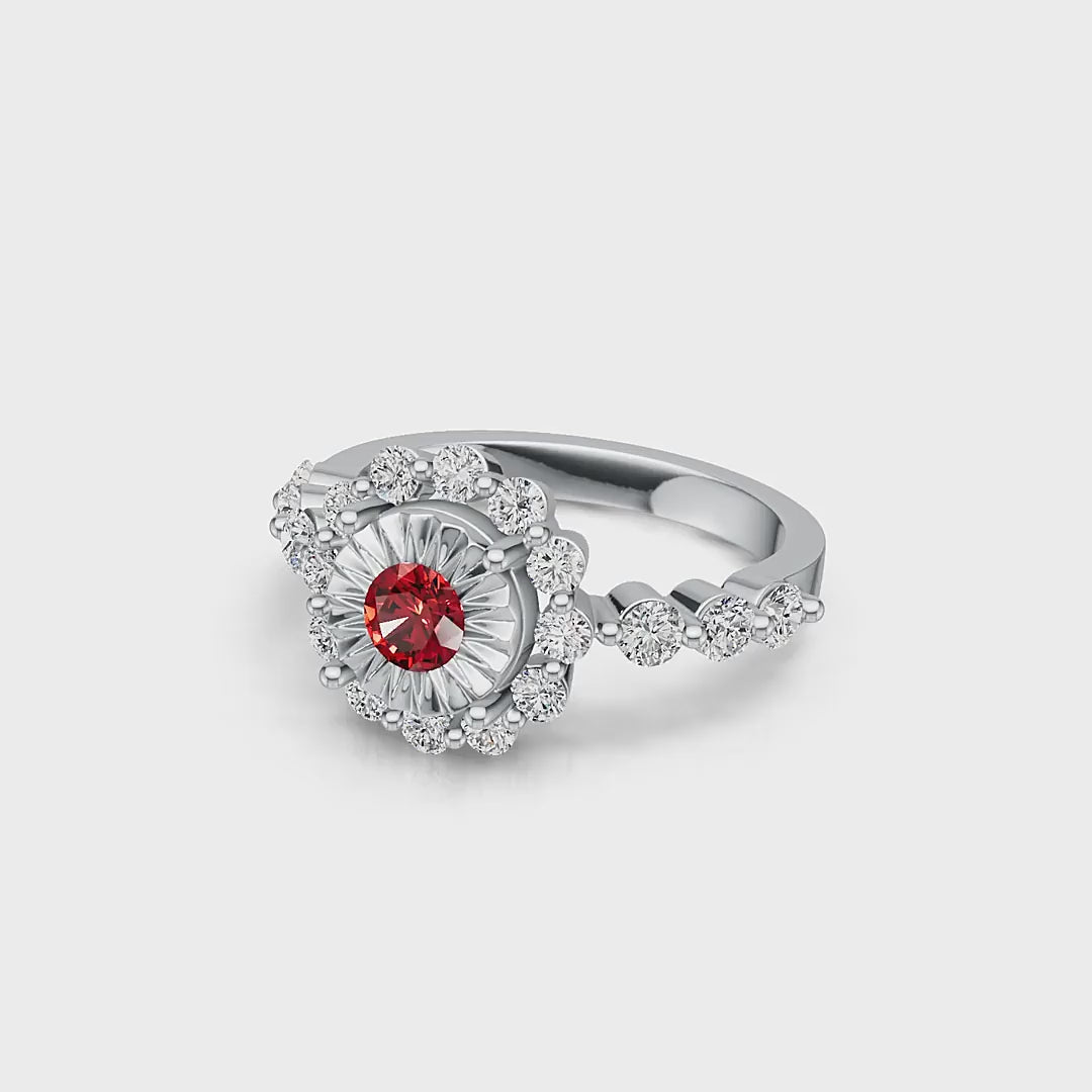 "Solar Embrace" 18K White Gold Ruby & Diamond Cluster Ring