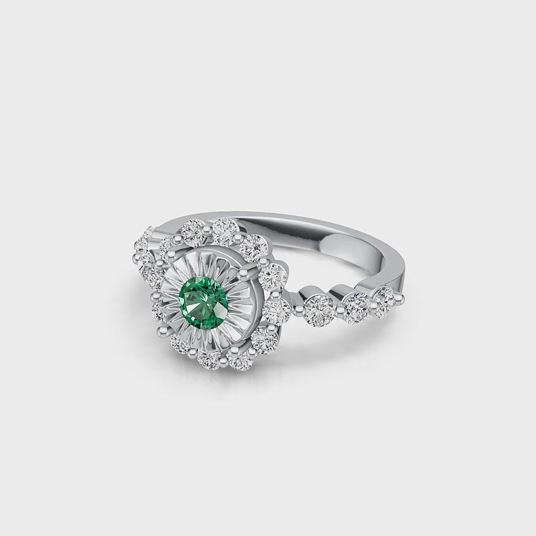 "Solar Embrace" 18K White Gold Emerald & Diamond Cluster Ring