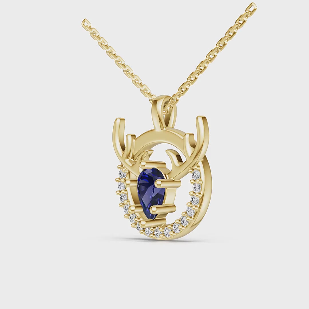 "Eternal Stag" 18K Gold Sappire & Diamond Pendant Necklace