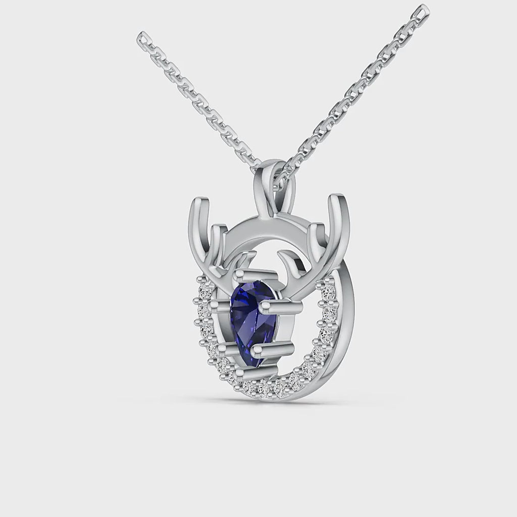 "Eternal Stag" 18K White Gold Sapphire & Diamond Pendant Necklace