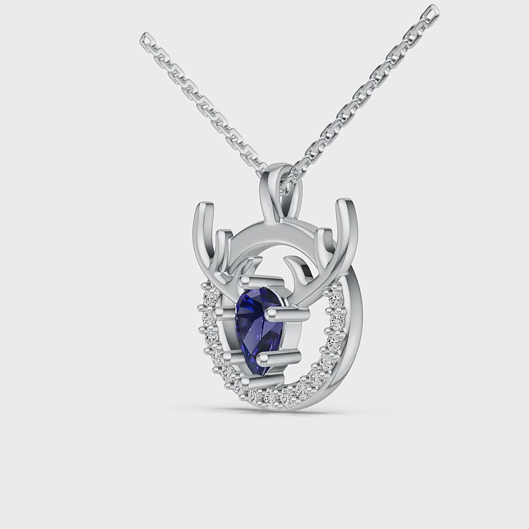 "Eternal Stag" 18K White Gold Sapphire & Diamond Pendant Necklace