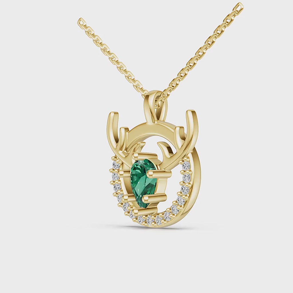 "Eternal Stag" 18K Gold Emerald & Diamond Pendant Necklace