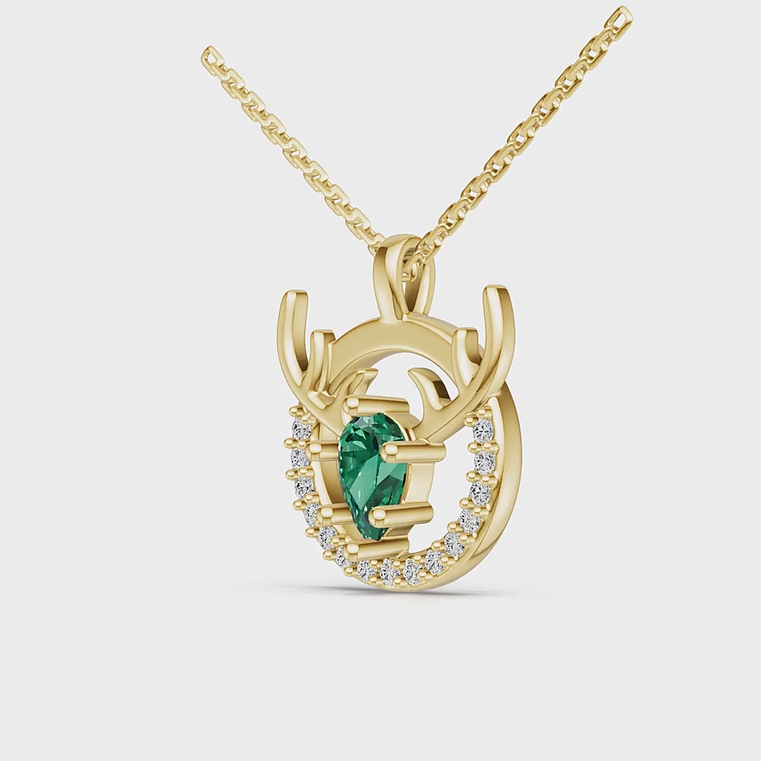 "Eternal Stag" 18K Gold Emerald & Diamond Pendant Necklace