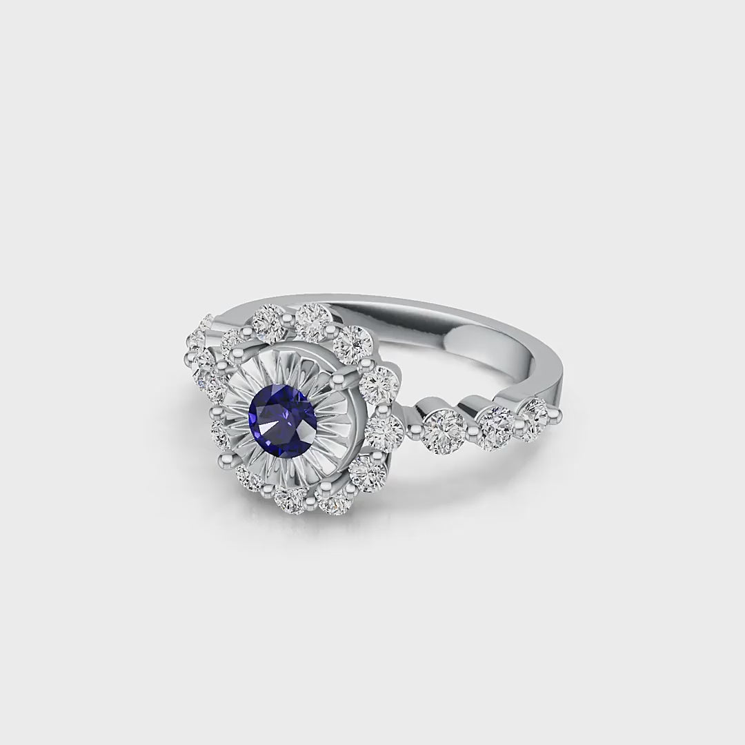 "Solar Embrace" 18K White Gold Sapphire & Diamond Cluster Ring